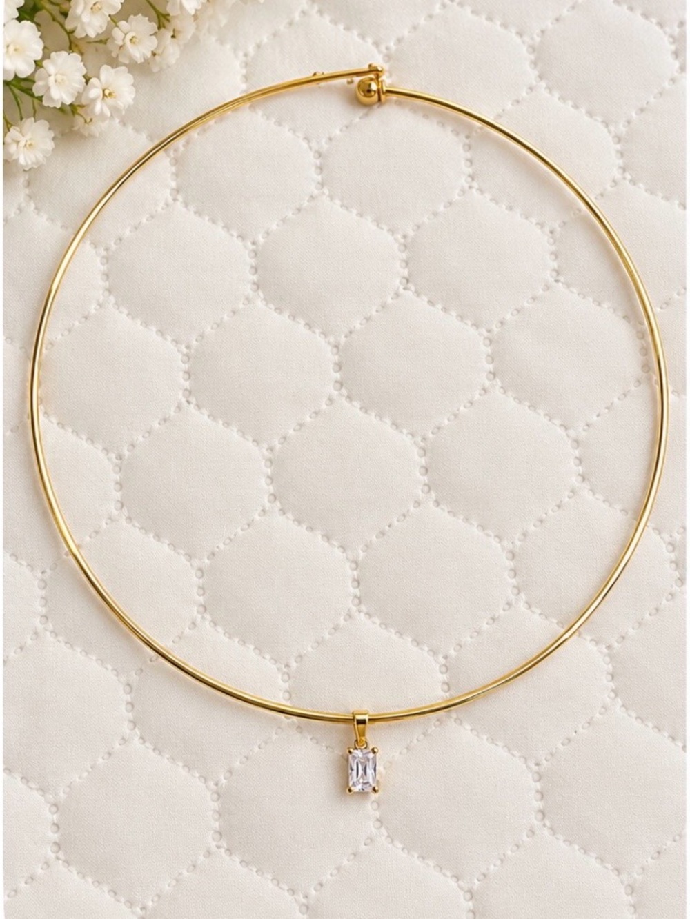 Gold Choker Necklace with Rectangular Crystal Pendant(stainless steel)